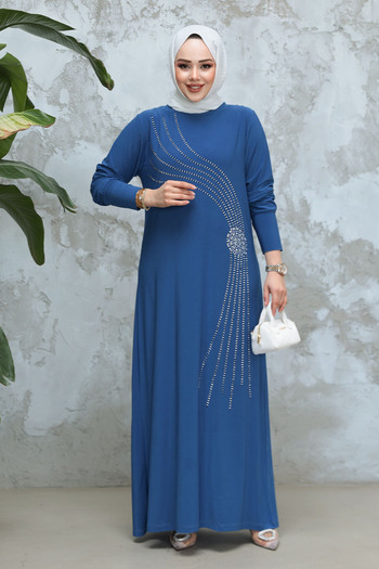Neva Style Indigo Blue Bead Embroidered Hijab Dress 9345Im