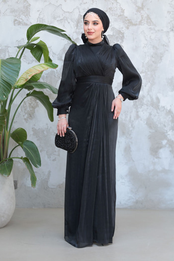 Neva Style Drape Detailed Black Hijab Evening Dress 50921S