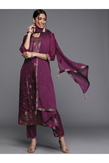 Libas By Styli Silk Zari Work Kurta and Solid Trouser with Chiffon Embellished Dupatta Set