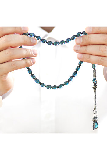 Tesbihane 1000 Sterling Silver Kazaz Tasseled Barley Cut Turquoise Fire Amber Rosary