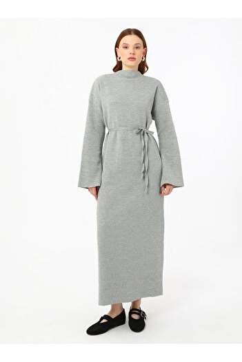 Refka Tie-Waist Half Turtleneck Knitwear Hijab Dress - Gray -
