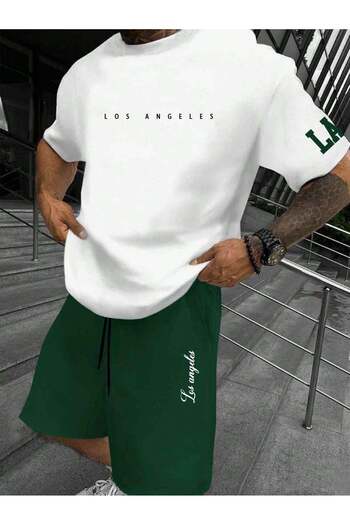 PENTHİLUS Men S Letter Print Sleeveless T-Shirt and Lace-Up Waist Shorts Summer Relaxed Fit Suit