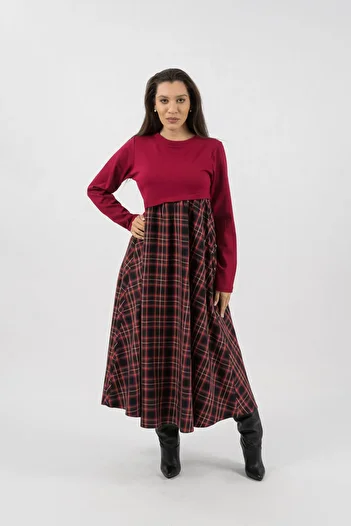 Gorgeaux Dark Red Checkered Dress with Fake Blouse - XXL