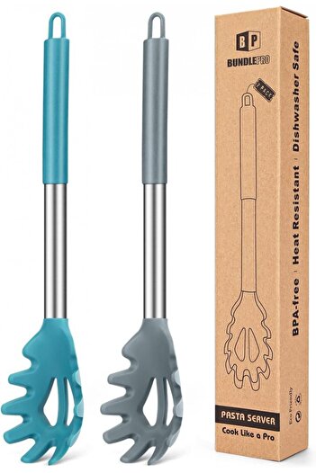 Bundlepro Set of 2 BUNDLEPRO spaghetti spoons, silicone/stainless steel, gray/blue, 33.5 x 6.1 cm