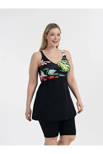 AQUAVİVA Aquaviva Women's Black Clover Pattern Plus Size Double Breasted Tights Recovery Dress Swimsuit