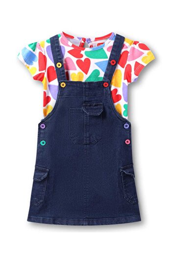 Babyhug Babyhug Woven Denim Frock With Half Sleeves Heart Printed Inner Tee - Navy Blue & White