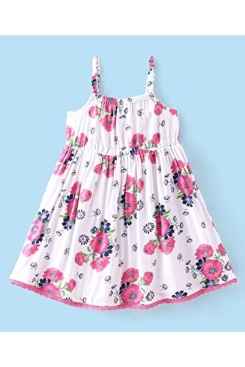 Babyhug Poplin Sleeveless Floral Printed Frock with Bow - White