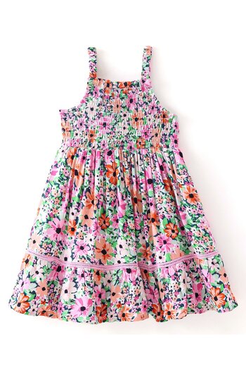 Babyhug Rayon Woven Smocked Sleeveless Spaghetti Frock Floral Print - White