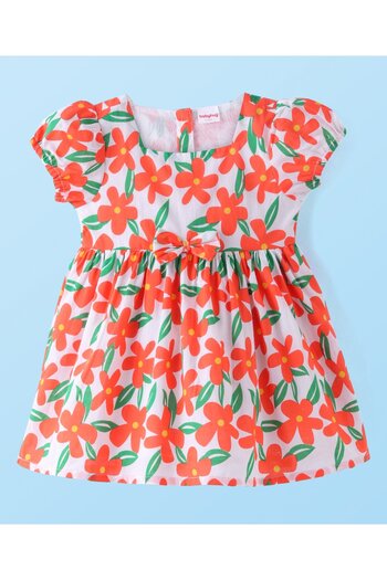 Babyhug Poplin Woven Half Sleeves Floral Printed Frock with Headband - Red & White