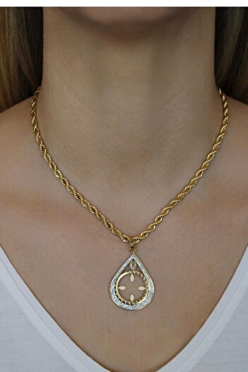 MudeCollection Kolye Ucuna Çeyrek Altın Konulabilen Gold Renk Taşlı Çelik Kadın Örgü Kolye