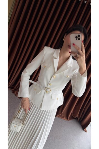 guller tekstil Women's Stylish Skirted Jacket Belt Suit