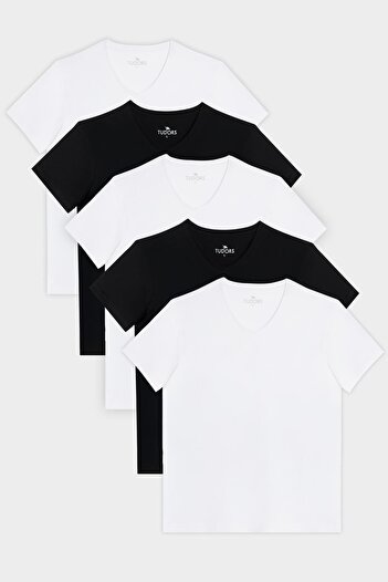 Tudors Unisex 5 Πακέτο Μαύρο-Λευκό T-Shirt Slim Fit 100% βαμβακερό με λαιμόκοψη