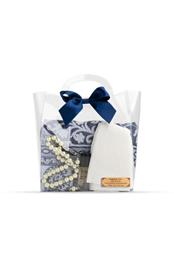 Hayrat Neşriyat Prayer Rug + Rosary + Skullcap + Essence Gift Set (Acetate Box with Bag, Navy Blue)