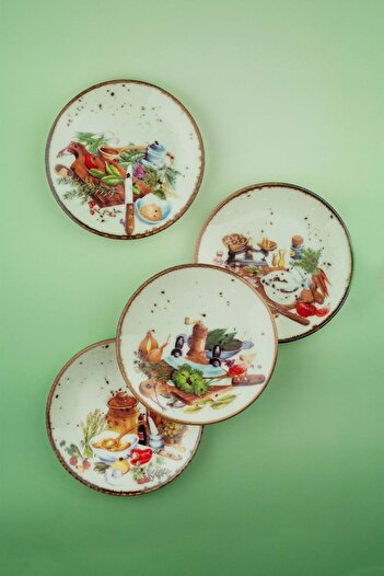 Bursa Porselen Dekor Retro Breakfast 4 Piece Cookie Plate