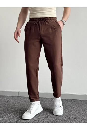 He Brand Men's Brown Boyfriend Double Leg Linen Trousers