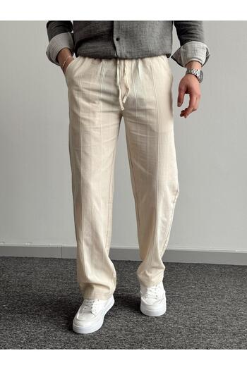 He Brand Men's Cream Elastic Waist Linen Baggy Trousers Comfortable Fit Baggy
