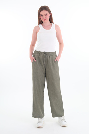 Rich Women's Linen Wide Leg Elastic Waist Khaki Trousers