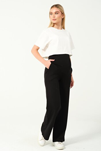 BUSA Maternity Waist Adjustable Modal Wide Leg Bottom Sweatpants Black