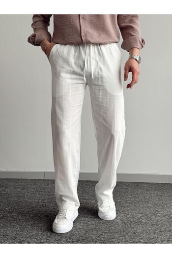He Brand Men's White Elastic Waist Linen Baggy Pants Comfortable Fit Baggy