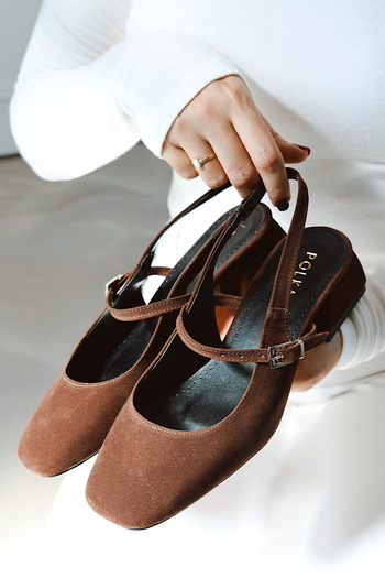 POLKA STORE Women's Audrey Bitter Brown Suede Open Back Square Toe Helmet Short Block Heeled Shoes