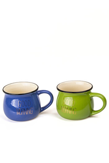 MUKKO HOME Set of 2 Enamel Look Colored Porcelain Mugs Good Morning Gold Written 250 ml