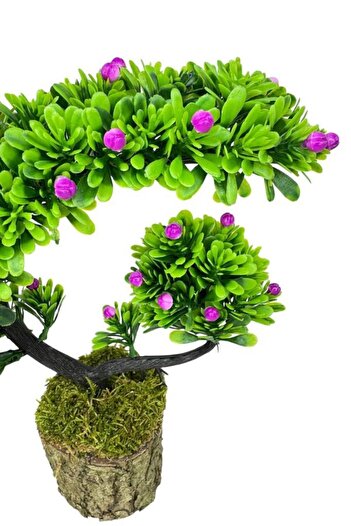 Nettenevime Yapay Çiçek Bonsai Ağacı Kütük Saksıda Lila Tomurcuklu Hilal Model Dekoratif Yapay Ağaç Bonzai 30*20