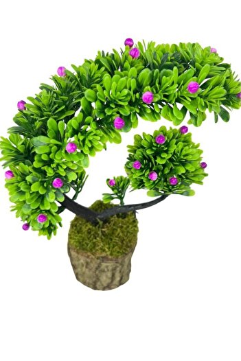 Nettenevime Yapay Çiçek Bonsai Ağacı Kütük Saksıda Lila Tomurcuklu Hilal Model Dekoratif Yapay Ağaç Bonzai 30*20