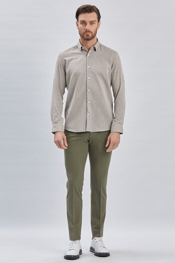 İmza Dark Brown Slim Fit Cotton Shirt, Sleeves Ateşken High Double Uste