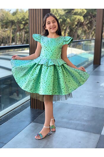 HÇ Hülya Çelik KİDSWEAR 2018 Kız Çocuk Bayramlık Doğum Günü Mezuniyet Abiye Yeşil Elbise