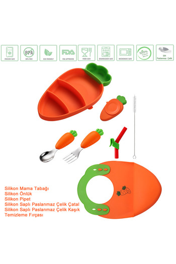 jojobebek Carrot Figured Silicone Food Plate, Bib, Stainless Steel Tip Fork, Spoon