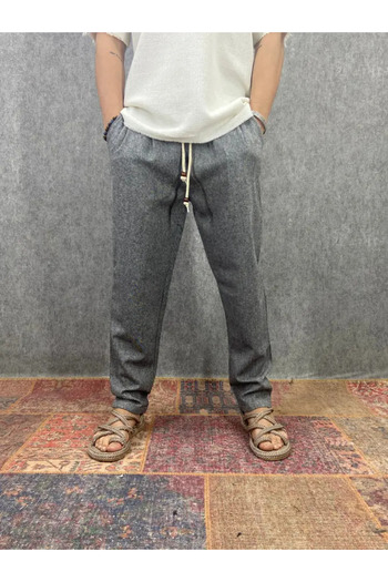 FıttingRoom Elastic Waist Double Leg Cotton Linen Gray Trousers