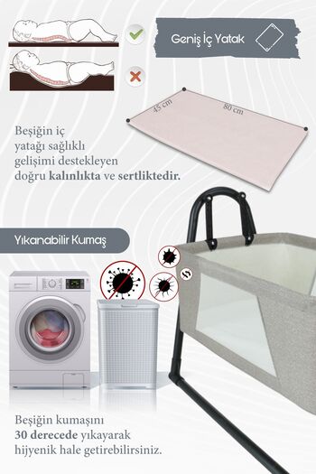 Perilla Sallanır Portatif Cibinlikli Anne Yanı Bebek Beşik Kahverengi