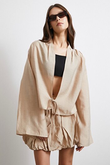 Never more Beige Wide Sleeve Front Tie Blouse