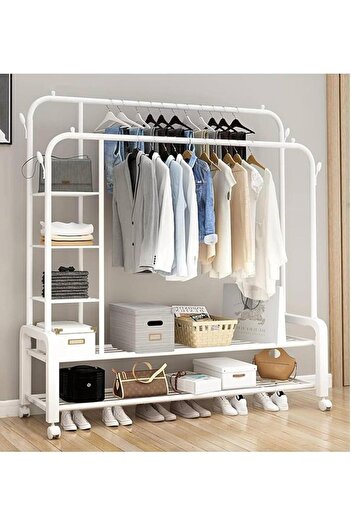ABAREEK Metal Clothes Hanger with Wheels, 160 x 110 x 55 cm, White