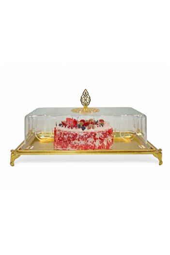 ABAREEK Gold Cake Plate with Acrylic Lid Rectangular 44 x 31.5 cm