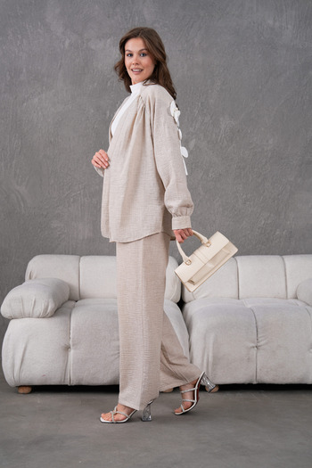 Miss Allos Women's Back and Sleeves Embroidered Floral Accessories Linen Kimono Jacket and Pants Bottom Top Set