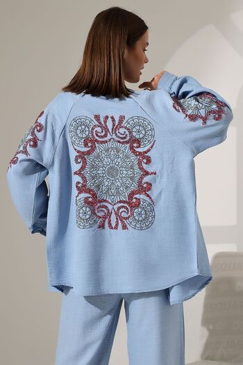 Miss Allos Set kimono și caftan pentru femei cu broderie cu paiete - cu detaliu pe spate și mâneci