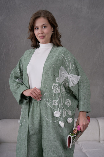 Miss Allos Women's Front Embroidered Rose Flower and Stone Embroidered Linen Kimono Cardigan and Pants Bottom Top Set
