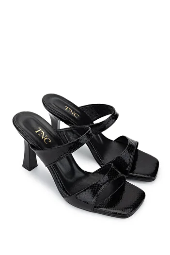 Tamer Tanca Women's Vegan Black Snake Pattern Heeled Slippers