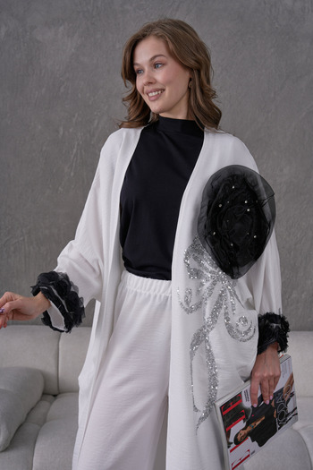 Miss Allos Women's Front Sequin Sequin Embroidered Flower and Stone Embroidered Linen Kimono Cardigan and Pants Bottom Top Set