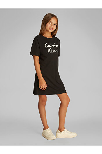 Calvin Klein Girls Black Script Logo Short Sleeve T-Shirt Dress