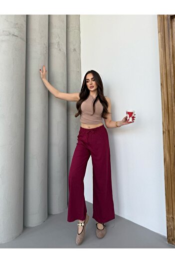 Ozy Fashion Wide Leg - Viscose Palazzo Trousers Slate Bordu Elastic Waist Tie