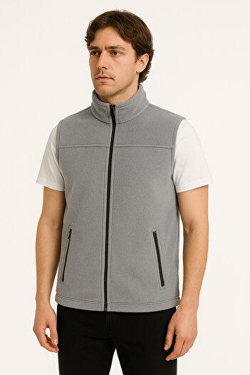 KaeLaurean Men's Gray Fleece Vest Zippered 2 Pockets Inner Lined Cold Proof Stand Collar