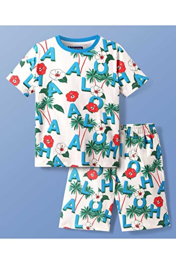 Pine kids Pine Kids T-Shirt and Shorts Set with Tropical Theme Print - White