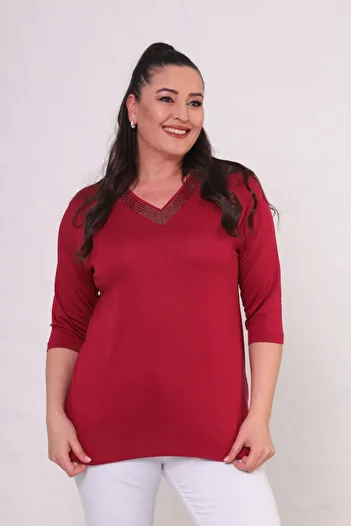 tarzımsüper بلوزة نسائية مريحة بياقة على شكل حرف V وأكمام كابري مطبوعة بالأحجار