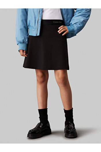 Calvin Klein Girls Black Logo Tape Flared Punto Milano Skirt