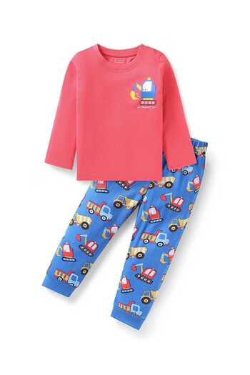 Babyhug Babyhug Night Suit With Truck Print - Red & Blue