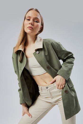Bolivente Khaki Oversize Casual Midi Trench Coat