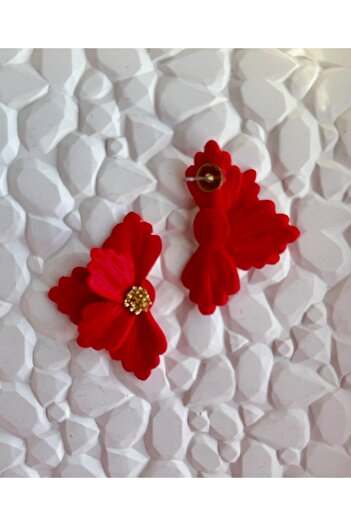 ACCESSORY أقراط ذهبية حمراء بتفاصيل زهرة حمراء
