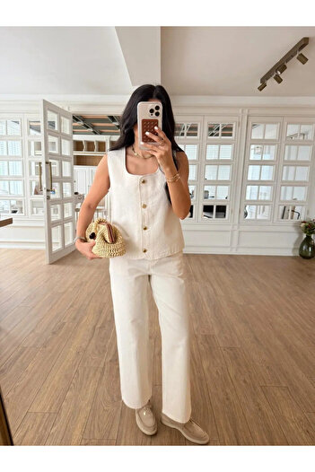 My Blog Ecru Gold Button Side Zipper Trousers Suit - 7134